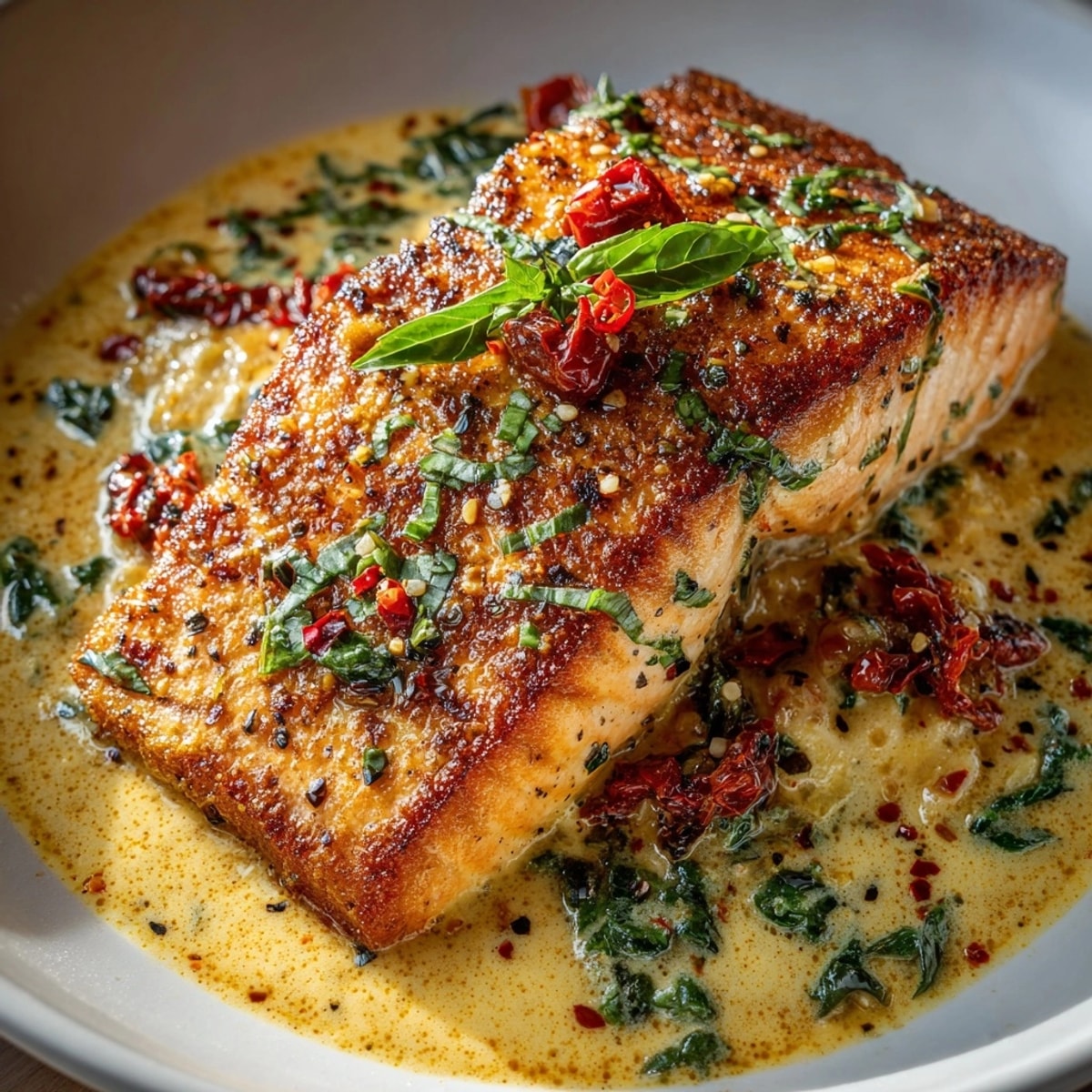 Marry Me Salmon fillets simmering in creamy sun-dried tomato Parmesan sauce, garnished with fresh basil.