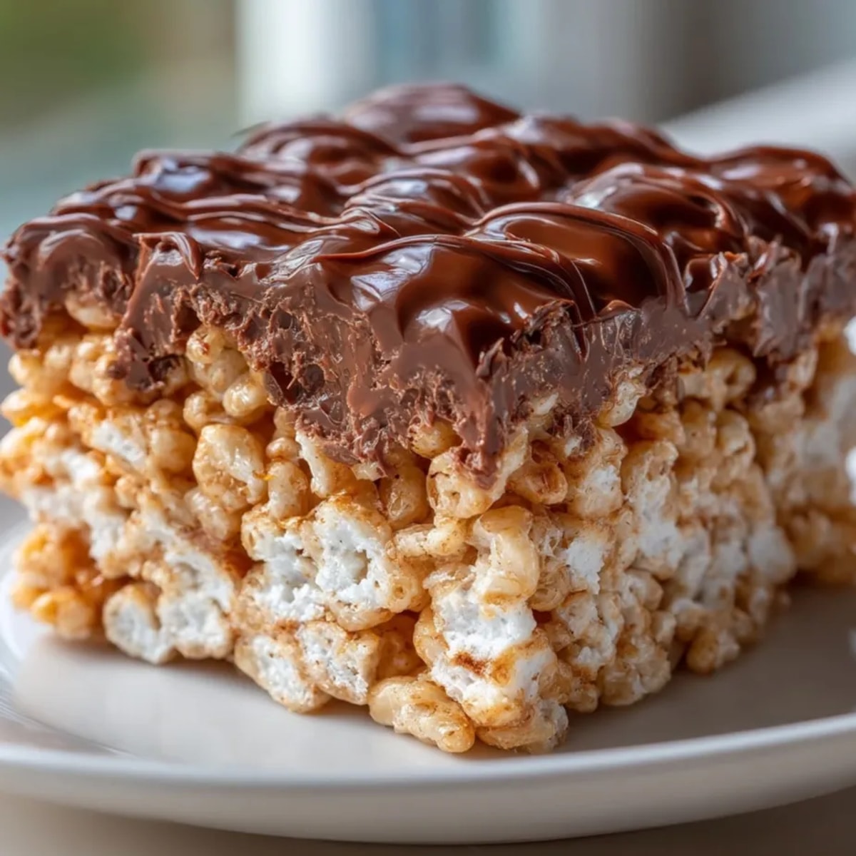 Golden peanut butter chocolate puffed rice treats, sliced into squares, ready to serve.