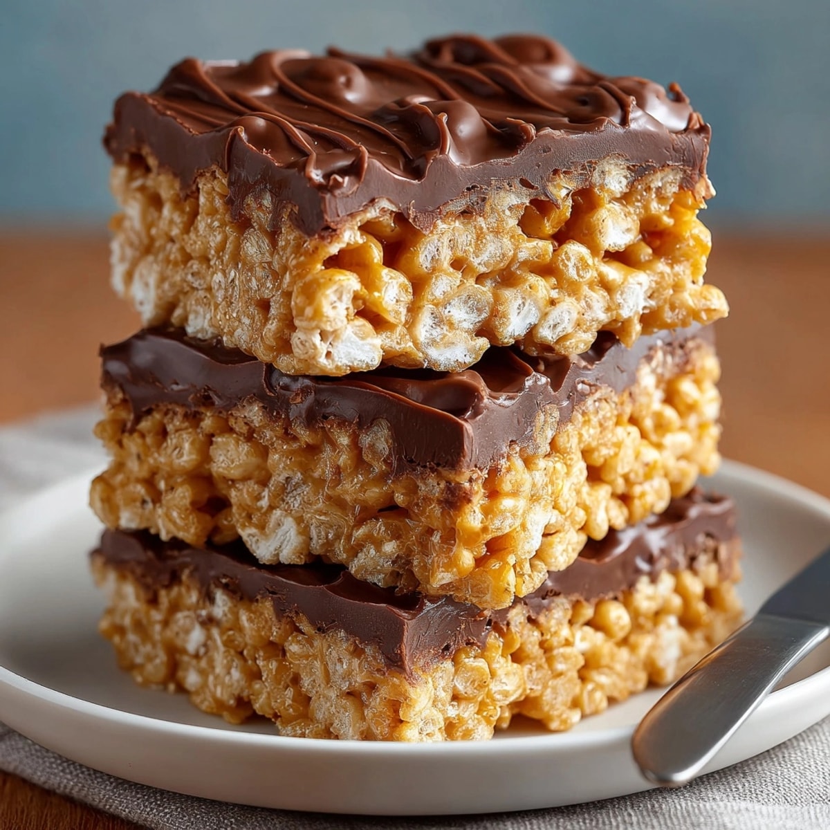 Puffy, crunchy, and rich: overhead view of homemade peanut butter chocolate puffed rice treats.
