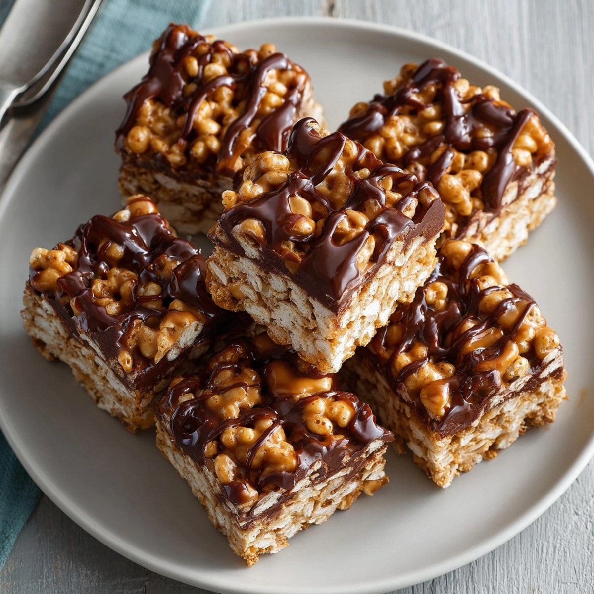 Easy no-bake peanut butter chocolate puffed rice treats recipe, chilled and cut into squares.