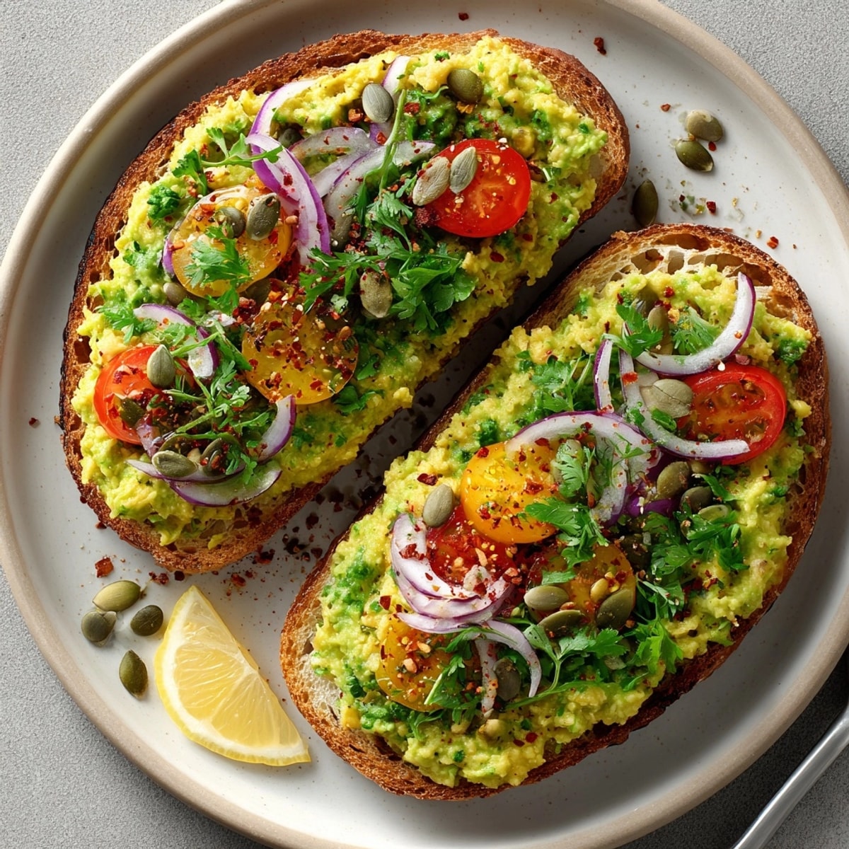Enjoy zesty Avocado Chickpea Mash Toast - a satisfying and healthy open-faced sandwich.