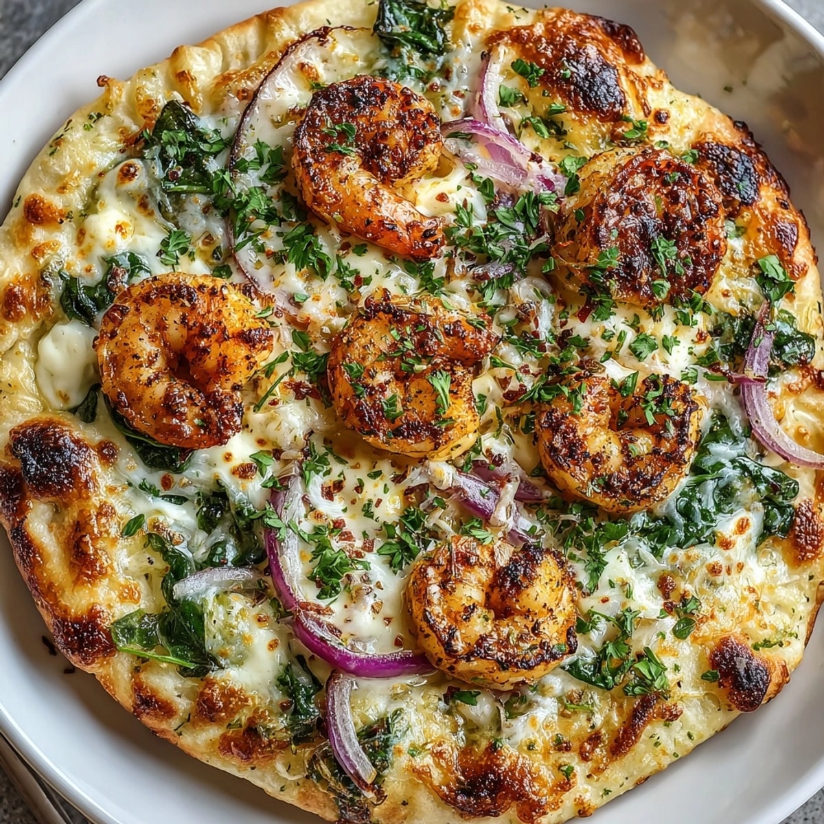 Close-up of golden Shrimp Alfredo Garlic Naan Pizza with bubbling cheese, ready to slice.