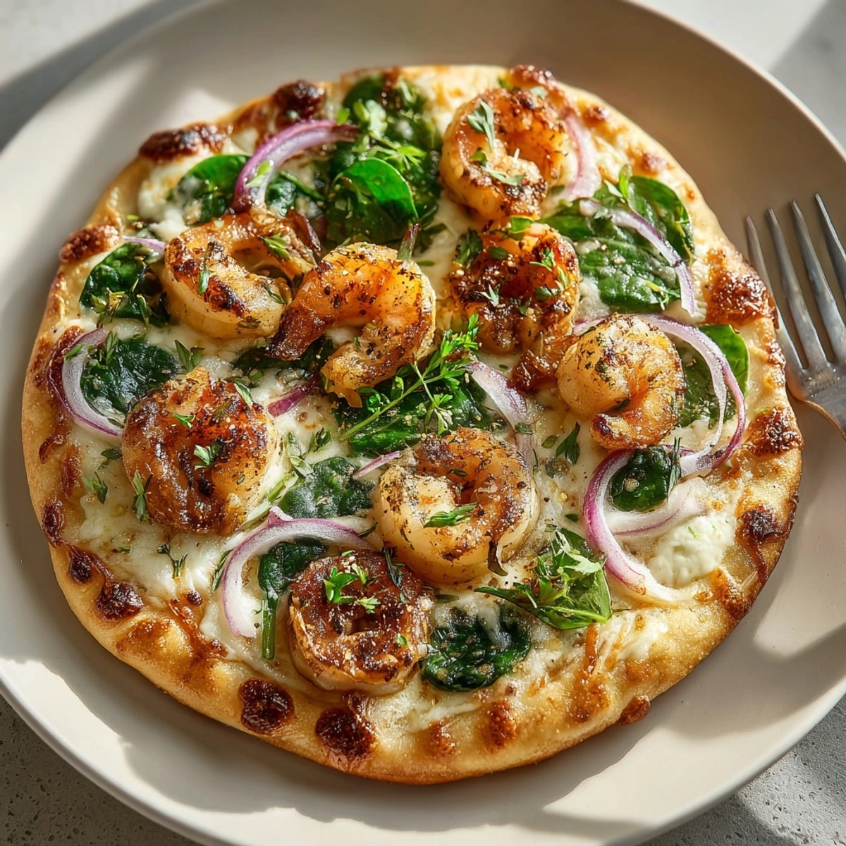 A warm, homemade Shrimp Alfredo Garlic Naan Pizza, garnished with parsley, served with lemon.