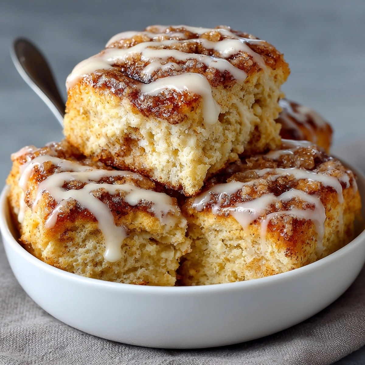 Golden-brown cinnamon roll biscuit bake fresh from the oven, drizzled with glaze.