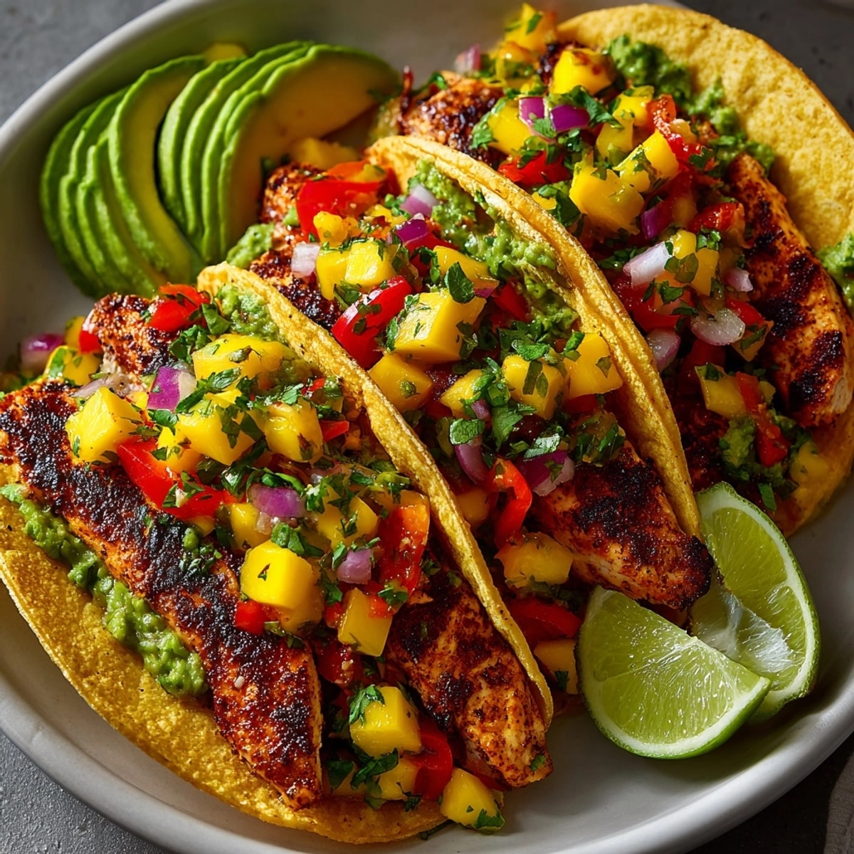 Vibrant Mango Salsa Chicken Tacos with juicy grilled chicken and fresh, zesty mango salsa.