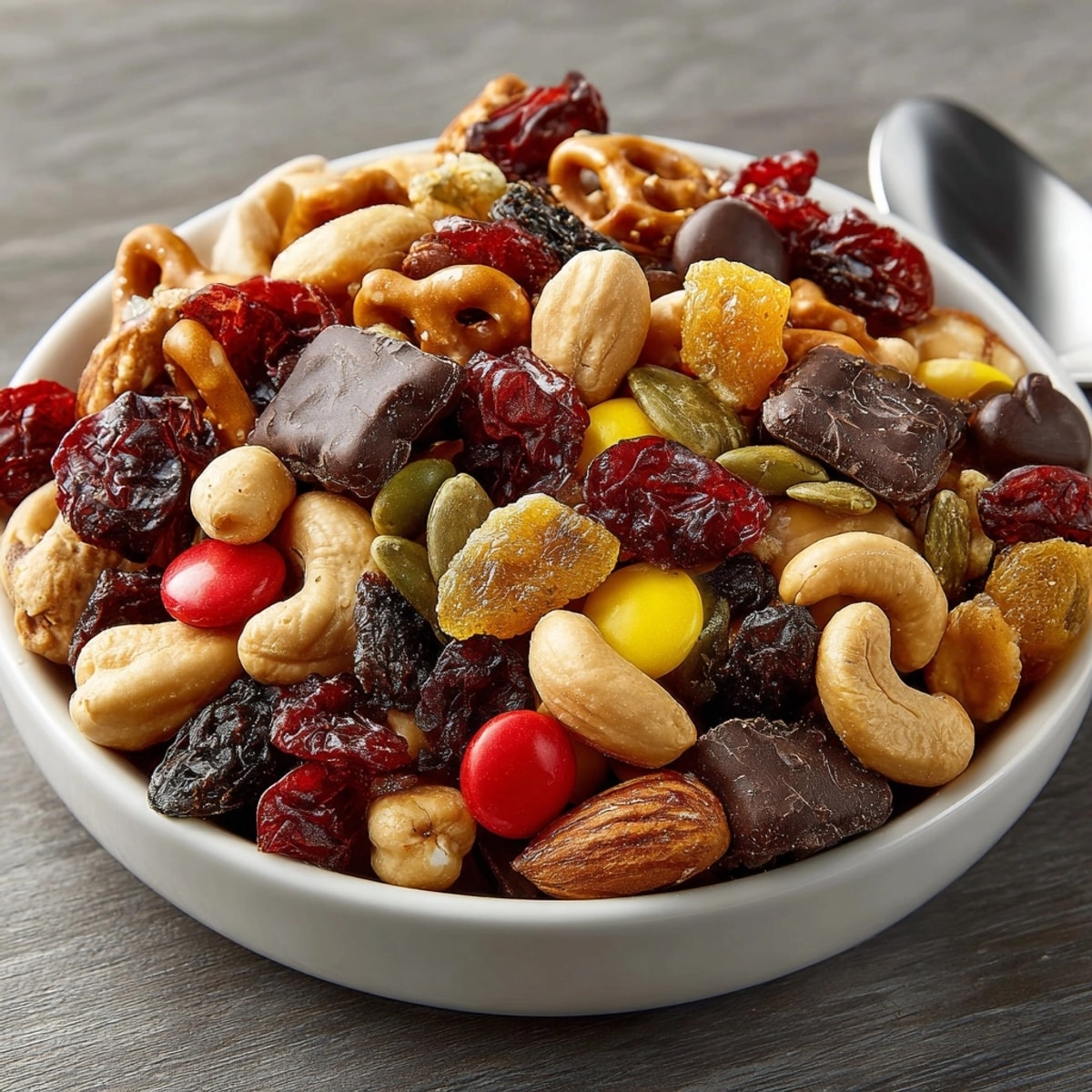 Close-up of colorful Trick-or-Treat Trail Mix: candy corn, pretzels, nuts, chocolate.