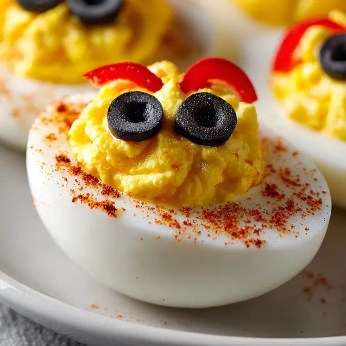 Close-up of spooky Monster Deviled Egg Eyeballs ready for a Halloween party.