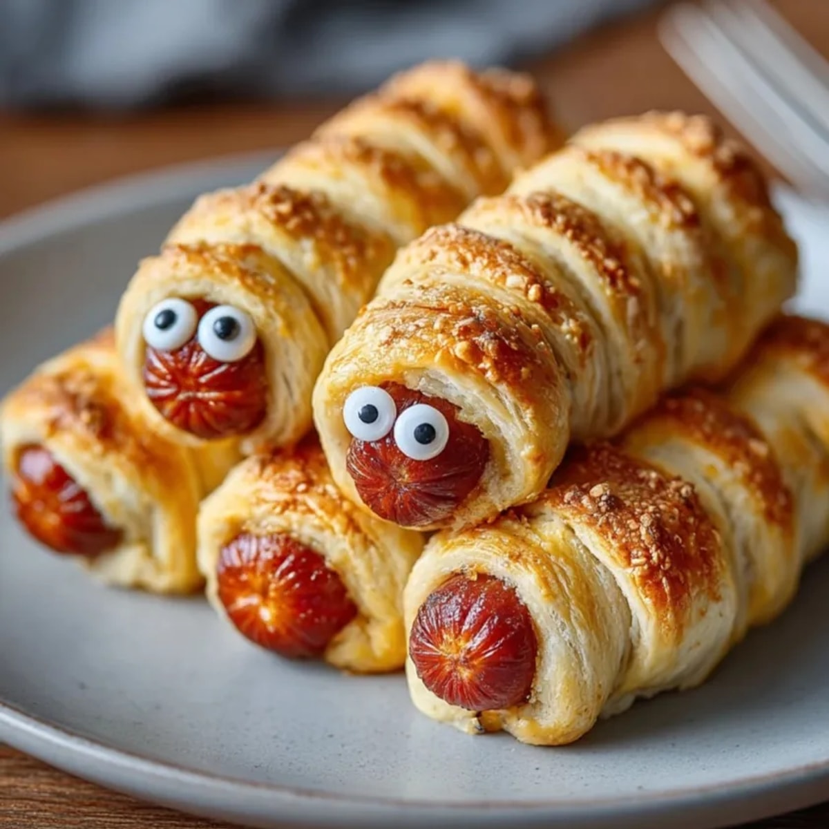 Homemade Mummy Crescent Hot Dogs, wrapped snugly and baked till pillowy, great Halloween snack.