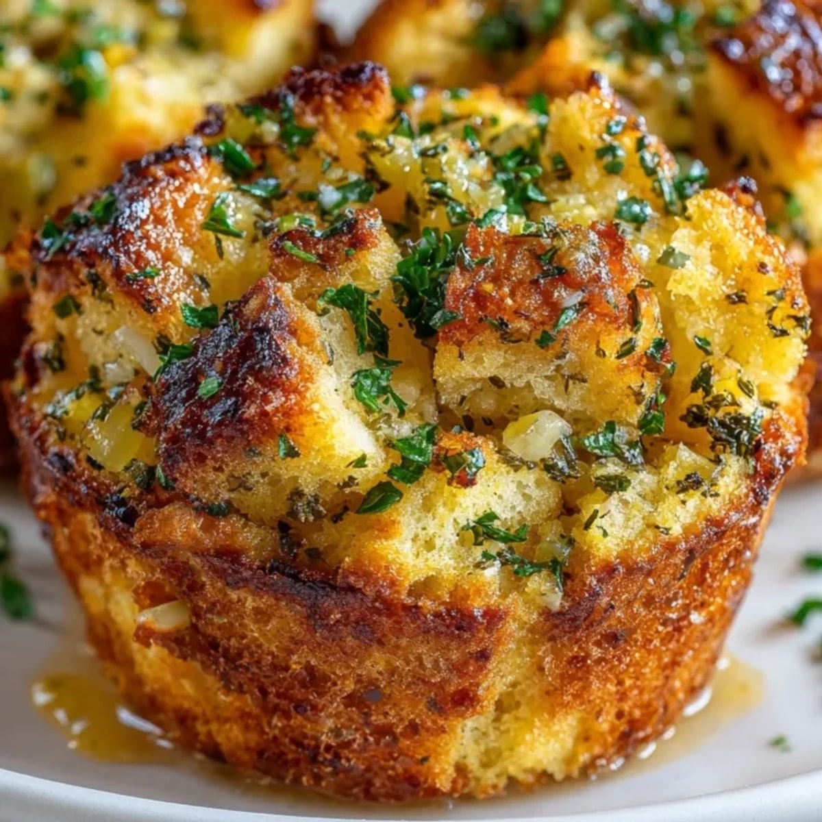Golden, crispy Classic Buttery Herb Stuffing Muffins sit in a muffin tin, ready to serve.