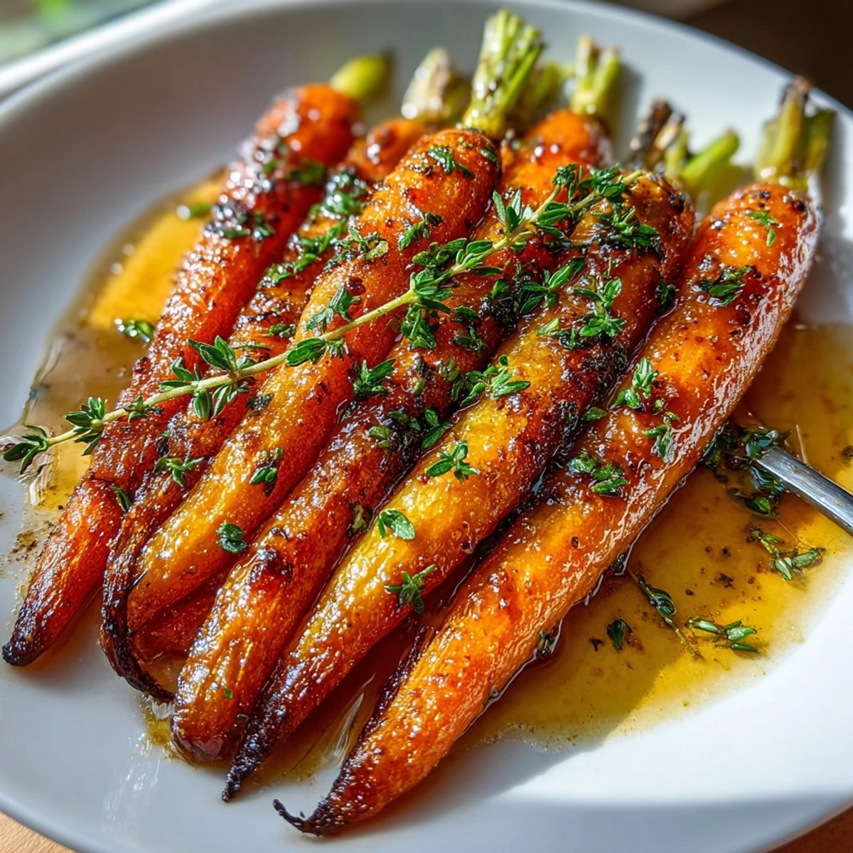 Maple Balsamic Roasted Carrots: Glazed, tender carrots with thyme baking on parchment.