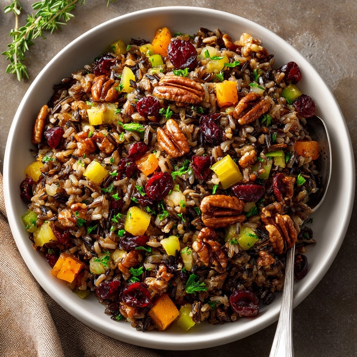 Golden Gluten-Free Wild Rice Stuffing with Cranberries, warm and savory, ready as Thanksgiving side.