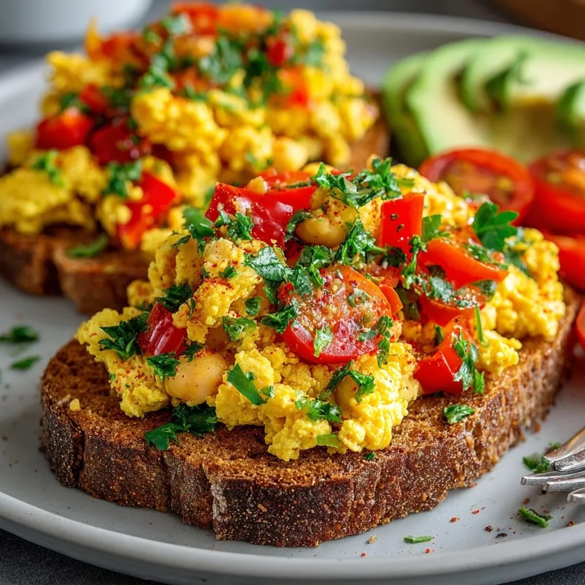 Golden Chickpea Scramble Toast: Savory vegan breakfast, aromatic spices, served hot.