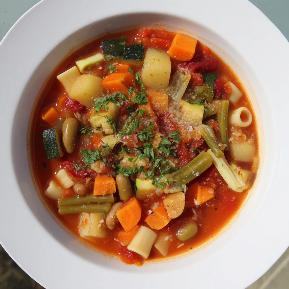 Close-up of homemade Minestrone Soup, showcasing colorful veggies and herbs, ready to enjoy.