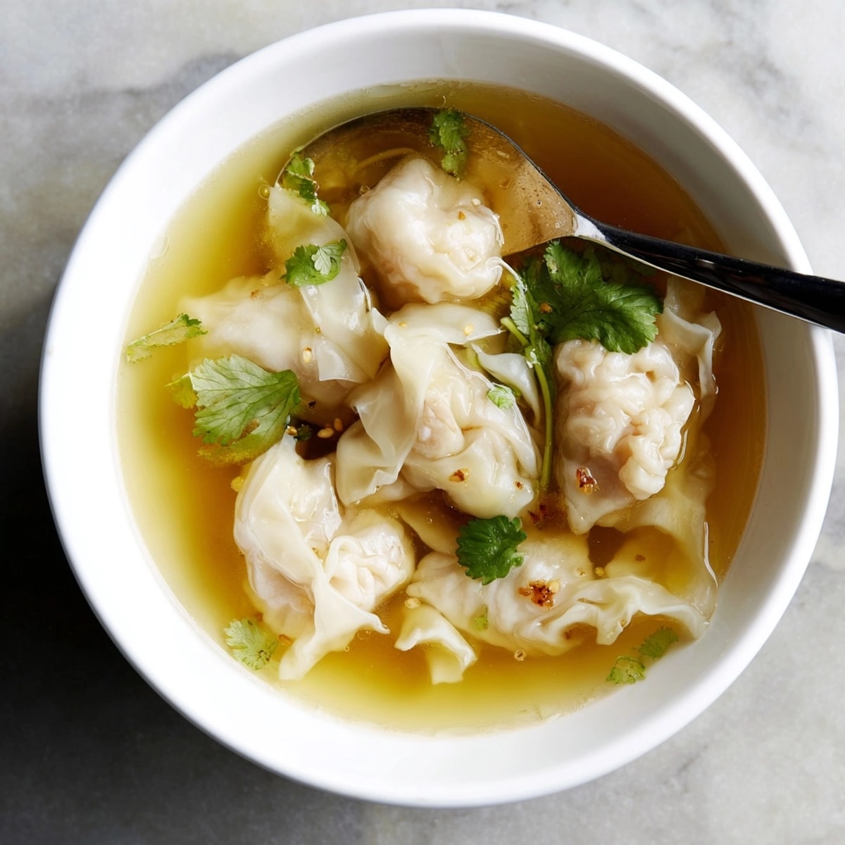 Delicious Wonton Soup ready to serve, glistening with sesame oil and chopped scallions.