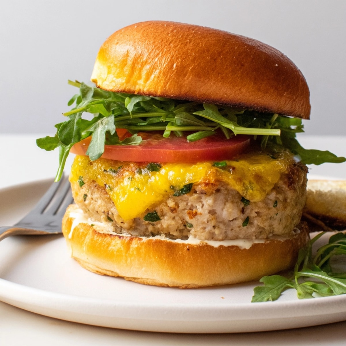 Stacked garlic butter turkey burger sliders, glistening cheese, and vibrant greens on toasted buns.