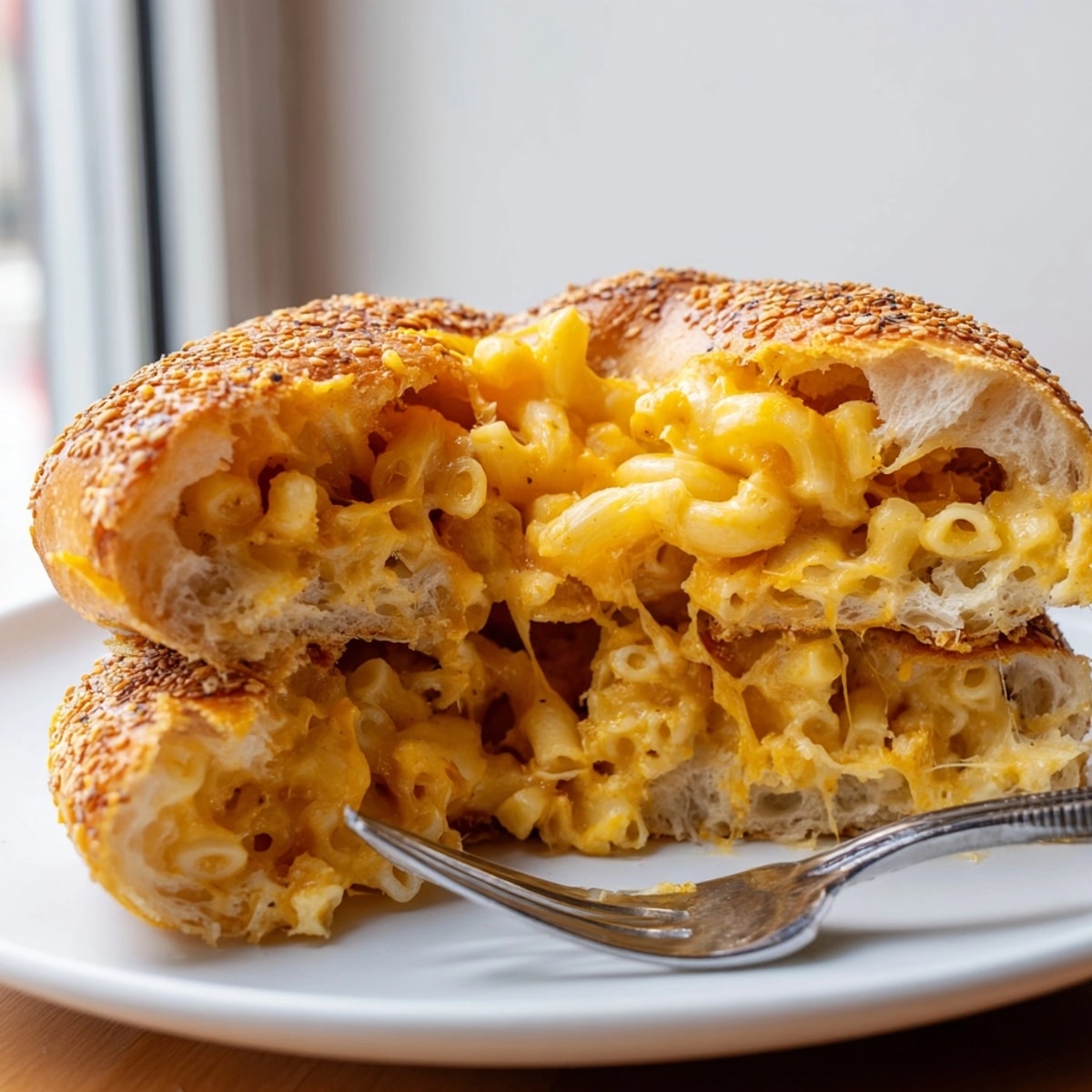 Close-up of a golden, cheesy Mac and Cheese Cheddar Jalapeño Bagel, fresh from the oven.
