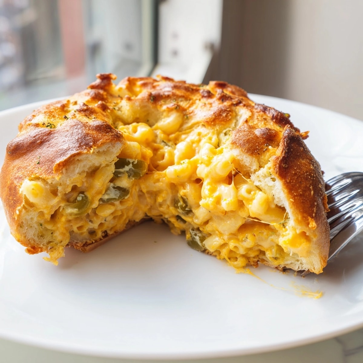 Warm, gooey Mac and Cheese Cheddar Jalape&#241;o Bagels; spicy jalape&#241;os, and melted cheddar topping.