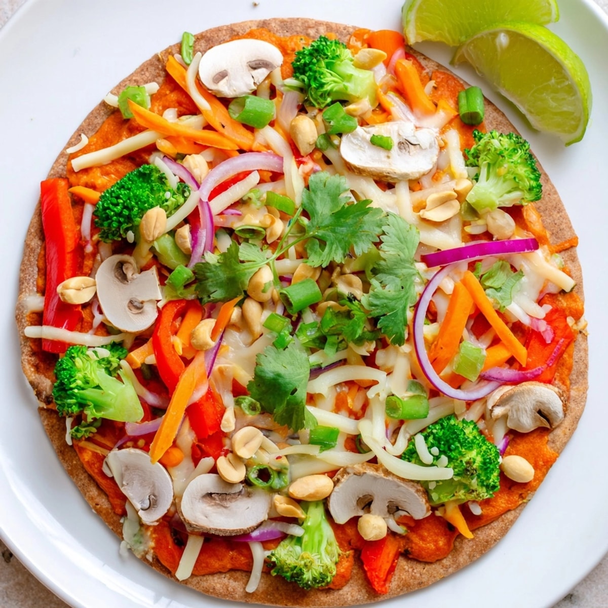 Close-up of vibrant Thai Curry Veggie Pita Pizzas, topped with fresh herbs and nuts.