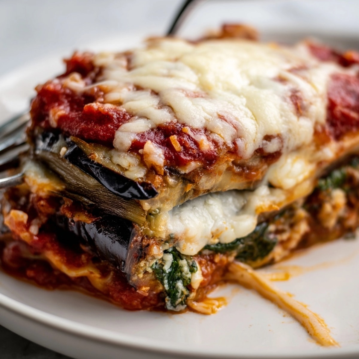 Golden, bubbly Cheesy Ricotta Eggplant Lasagna, a vegetarian delight, fresh basil garnish optional.