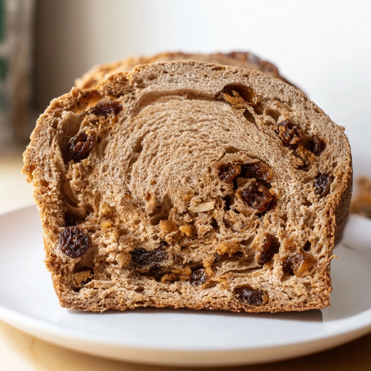 Golden Protein Cinnamon Raisin Bread loaf, warmly spiced aroma filling the kitchen.