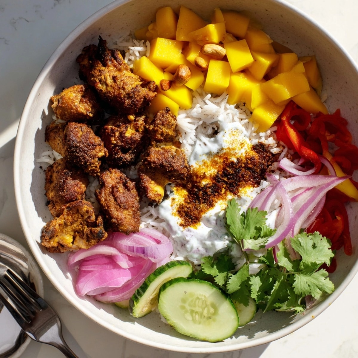 A close-up shows sweet, savory Mango Masala Chicken Tidy Bowls, a quick and tasty recipe.