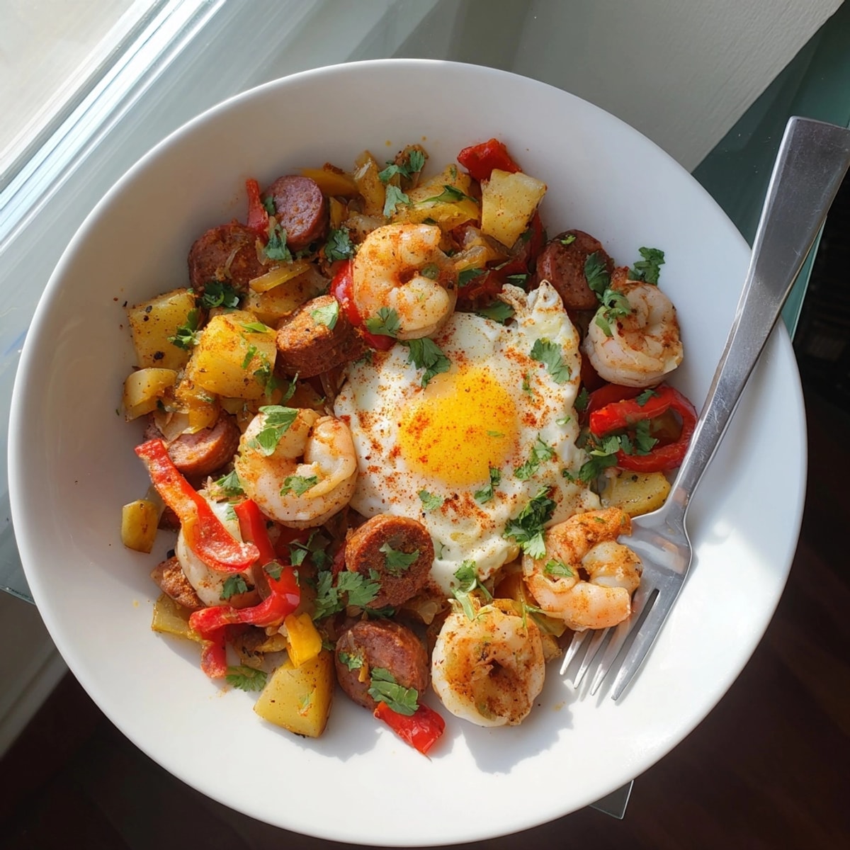 Golden Shrimp Chorizo Breakfast Skillet bubbling hot, garnished with cilantro, ready to serve.