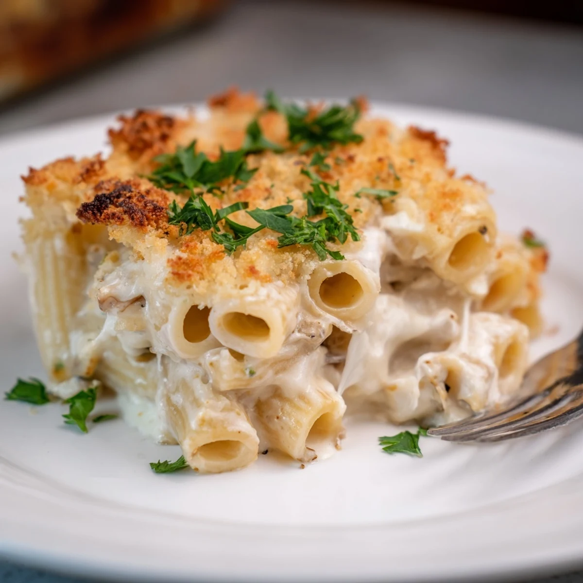 Baked Miso Maple Pasta Bake topped with golden cheese and crunchy panko breadcrumbs.