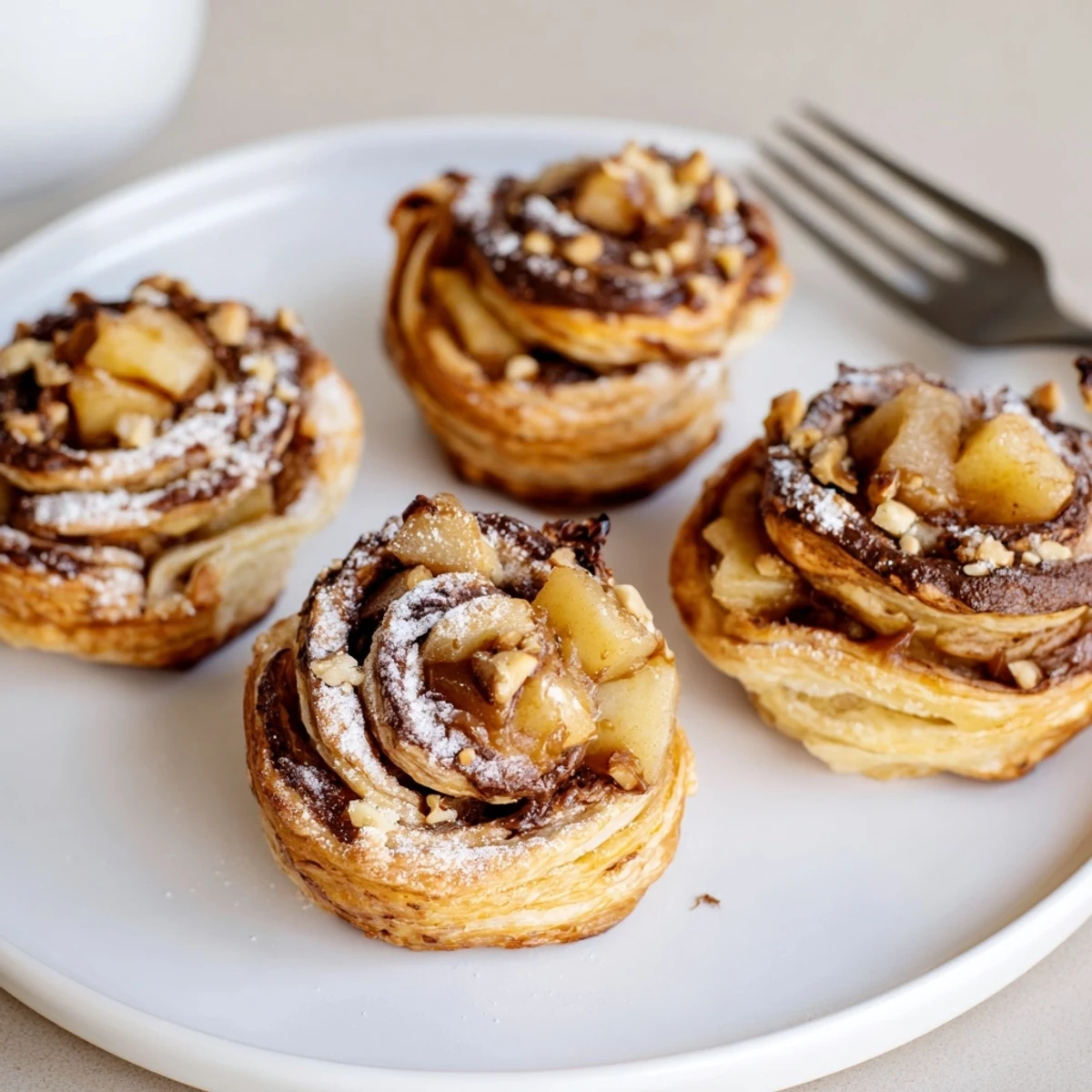 Flaky caramel apple Nutella pinwheels drizzled with warm caramel sauce, perfect for dessert.  