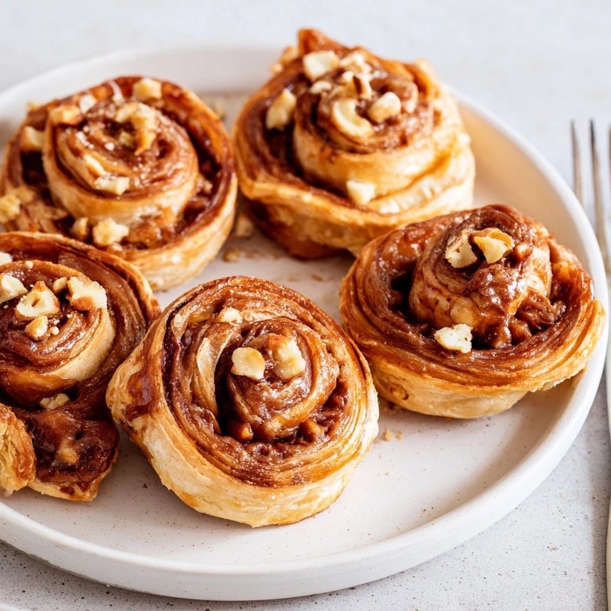 Freshly baked caramel apple Nutella pinwheels, flaky pastry filled with sweet flavors.  