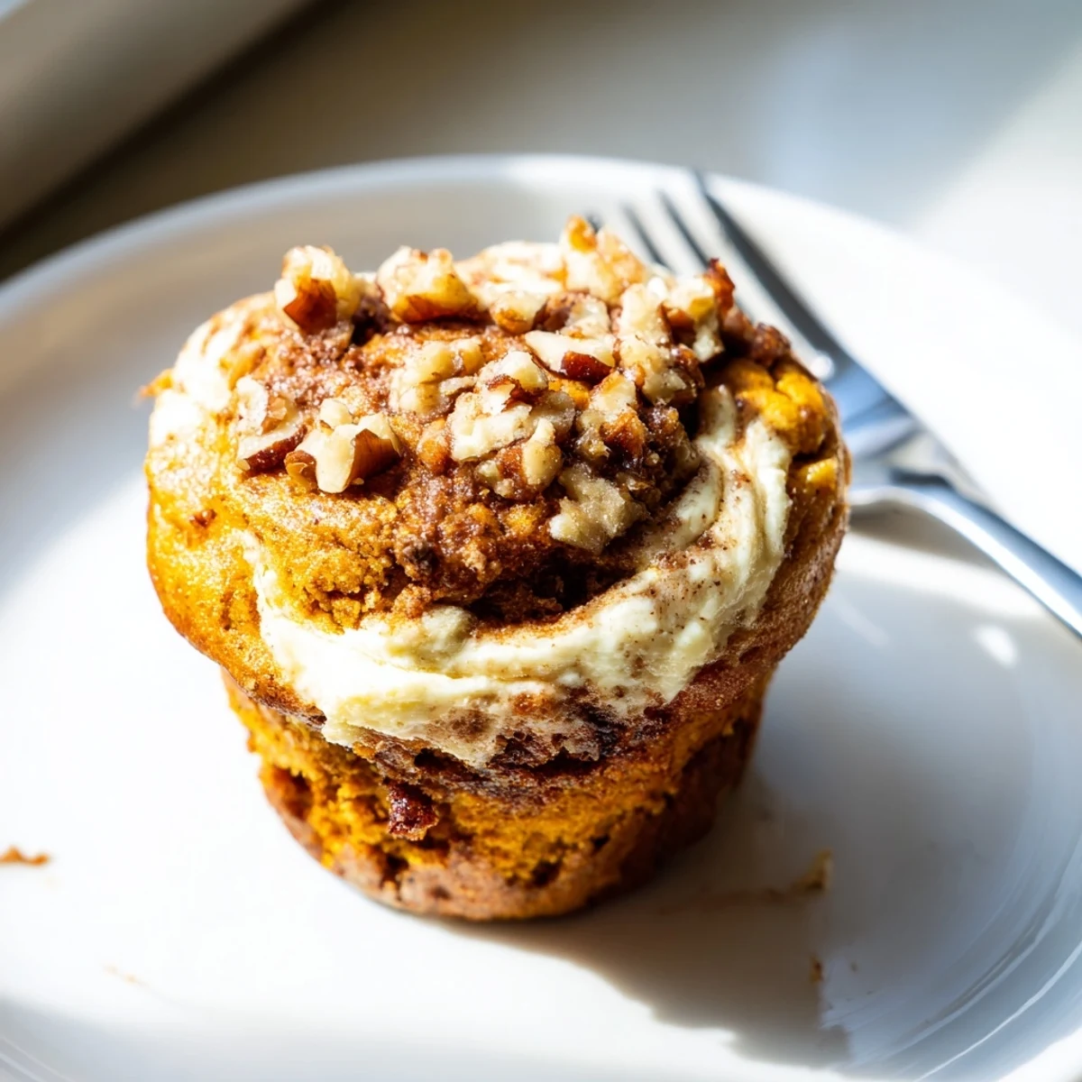 Moist Thanksgiving Pumpkin Cheesecake Muffins topped with a creamy swirl and nuts.  
