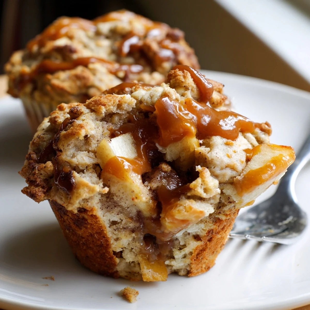Tender Chai Caramel Apple Biscuit Muffins drizzled with rich caramel sauce.  