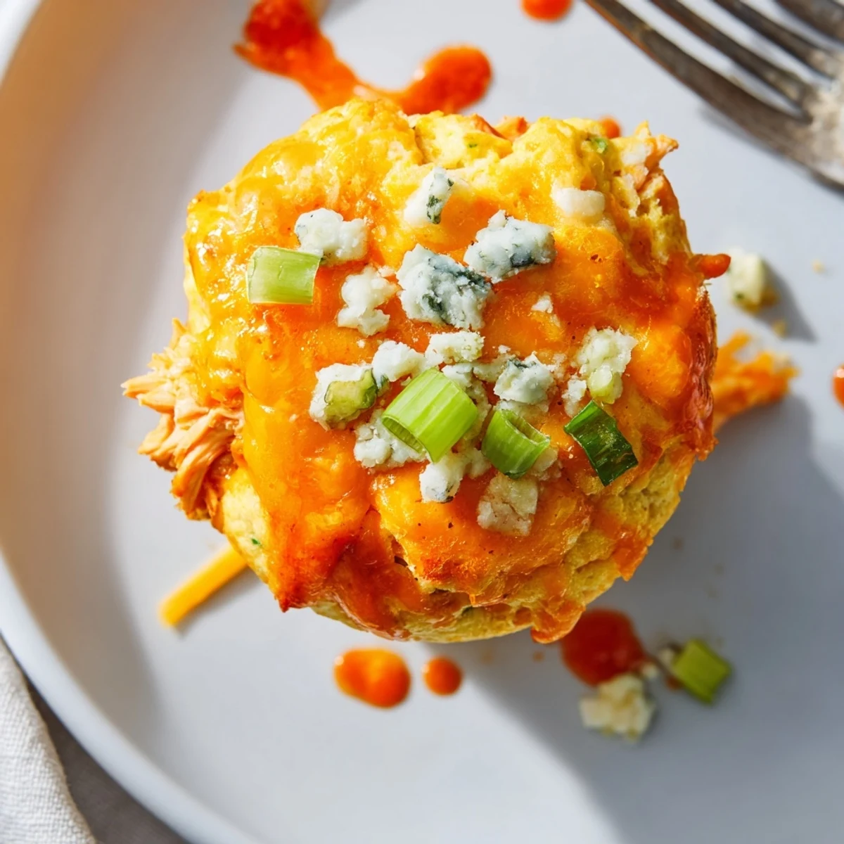 Cheesy muffins bursting with bold buffalo chicken flavors, ideal for game day snacking.  
