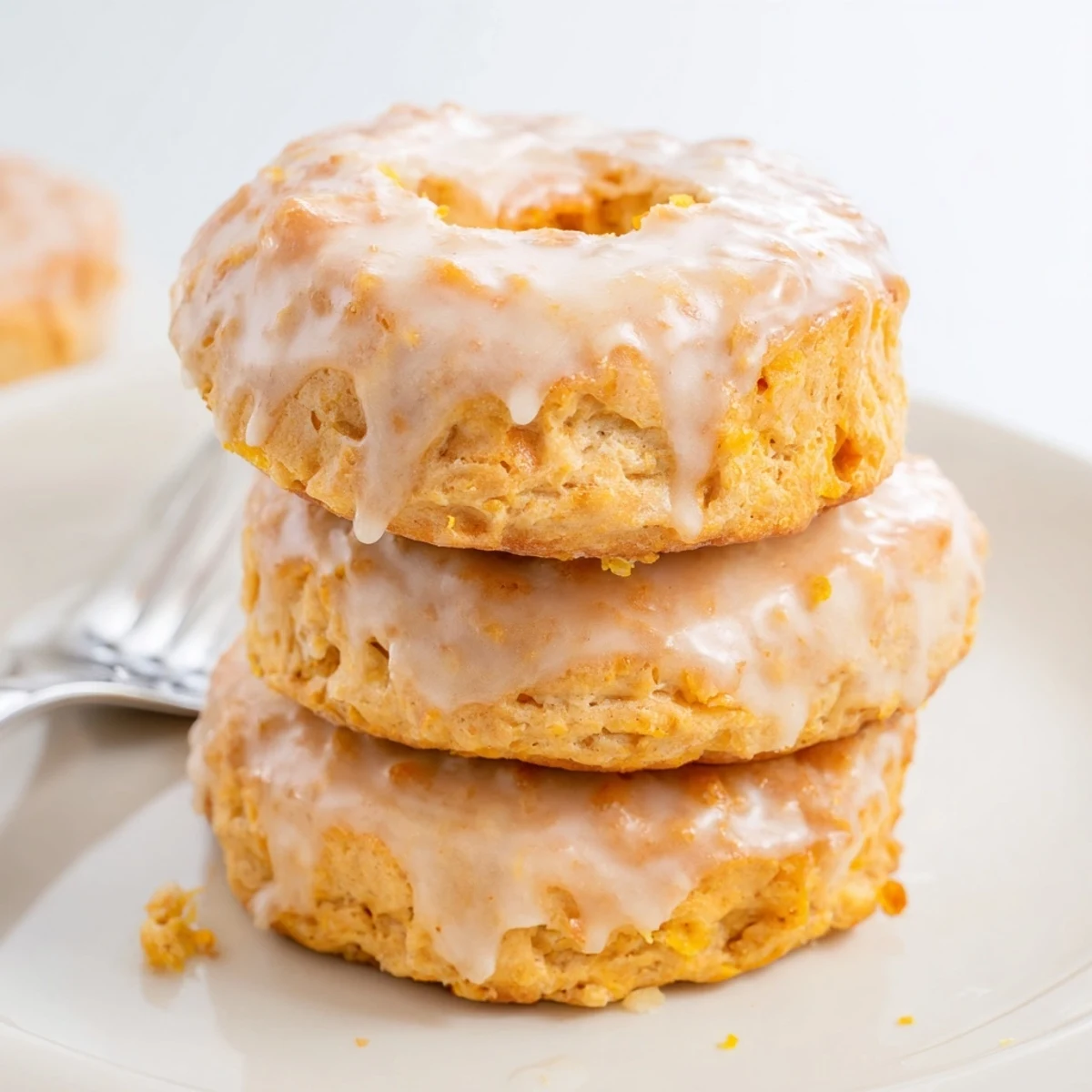 Golden-brown flaky sweet potato biscuit donuts glazed for a delightful autumn treat.  