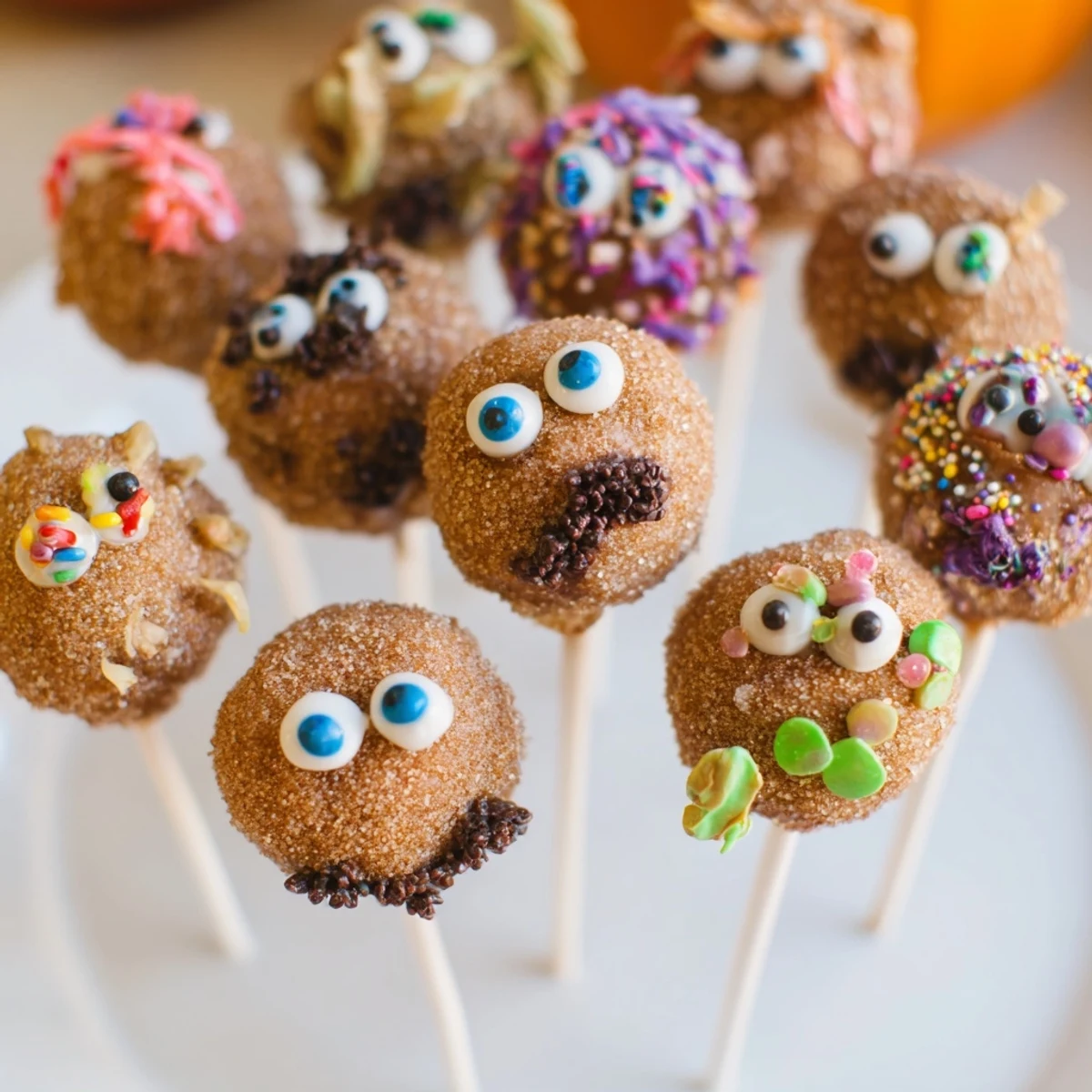 Whimsical Cinnamon Sugar Monster Cake Pops decorated with colorful sprinkles and candy eyes.