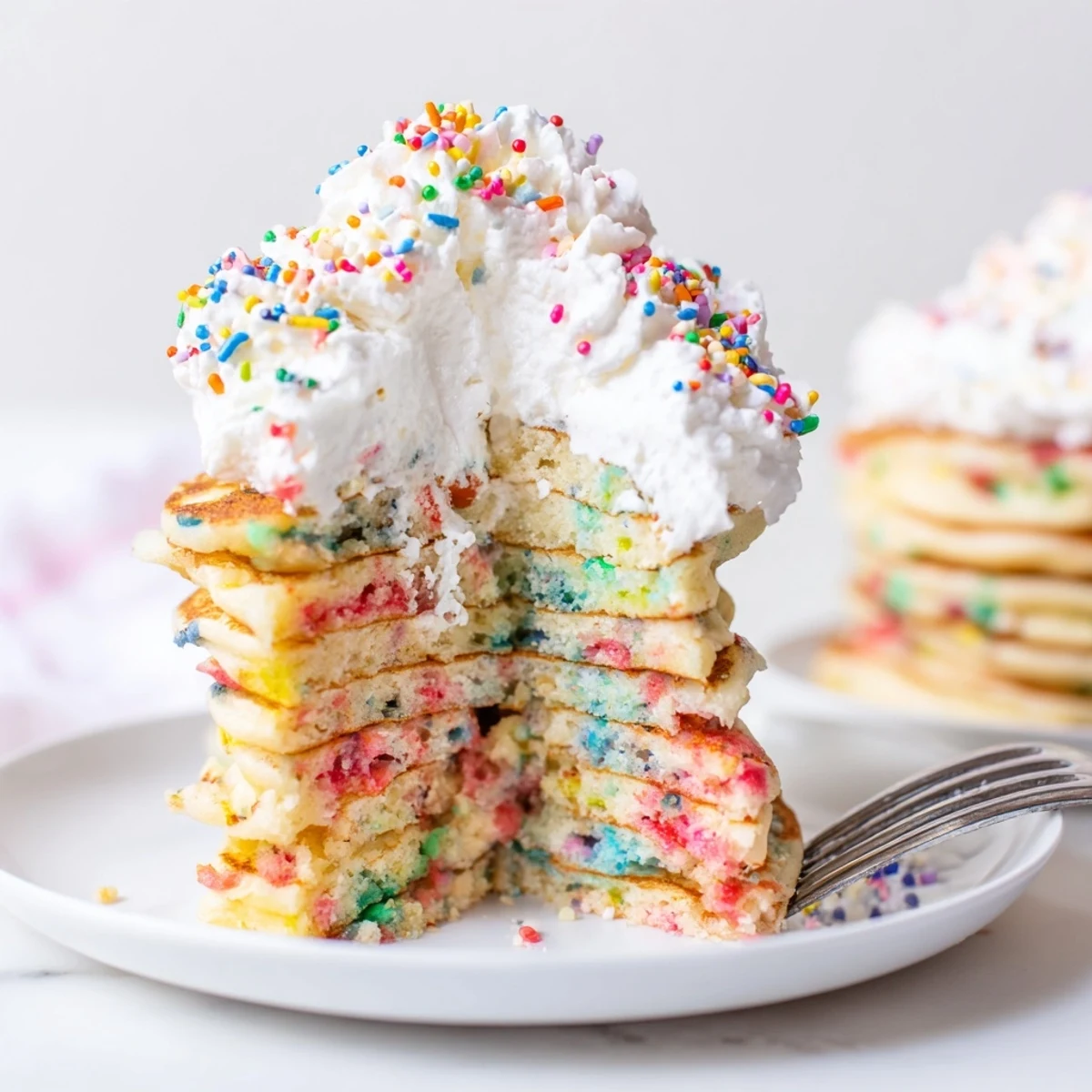 Colorful Silly Cake Funfetti Pancake Stack topped with whipped cream and sprinkles.  