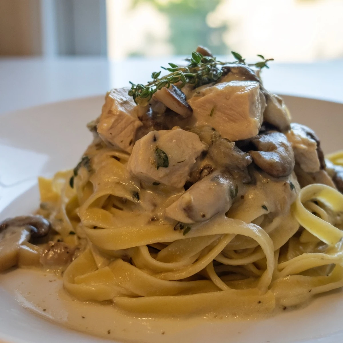Delicious Creamy Wild Mushroom Chicken Pasta with rich, flavorful sauce and sautéed mushrooms.