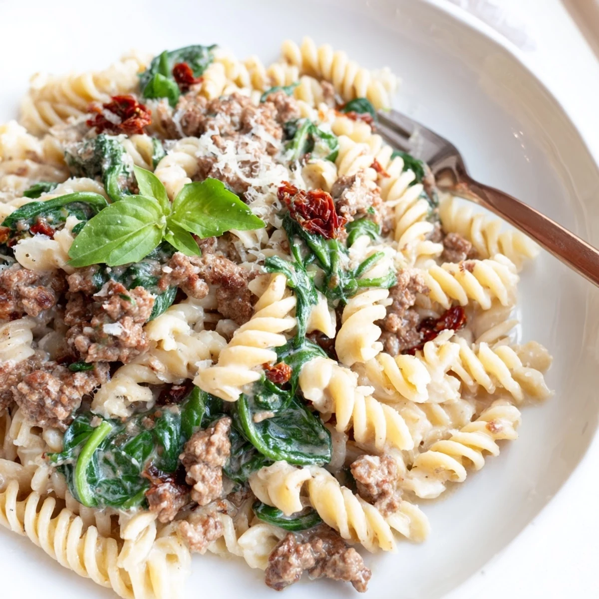 Creamy pasta with sundried tomato beef, garnished with fresh basil and Parmesan.  