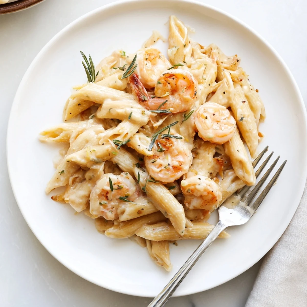 Creamy rosemary garlic shrimp pasta served with fresh herbs and a touch of spice.  