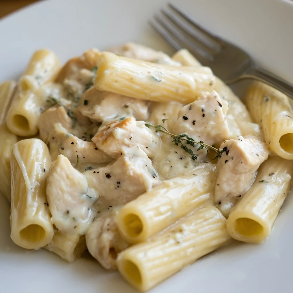 Creamy Brie Chicken Rigatoni served with fresh thyme and cracked black pepper.  