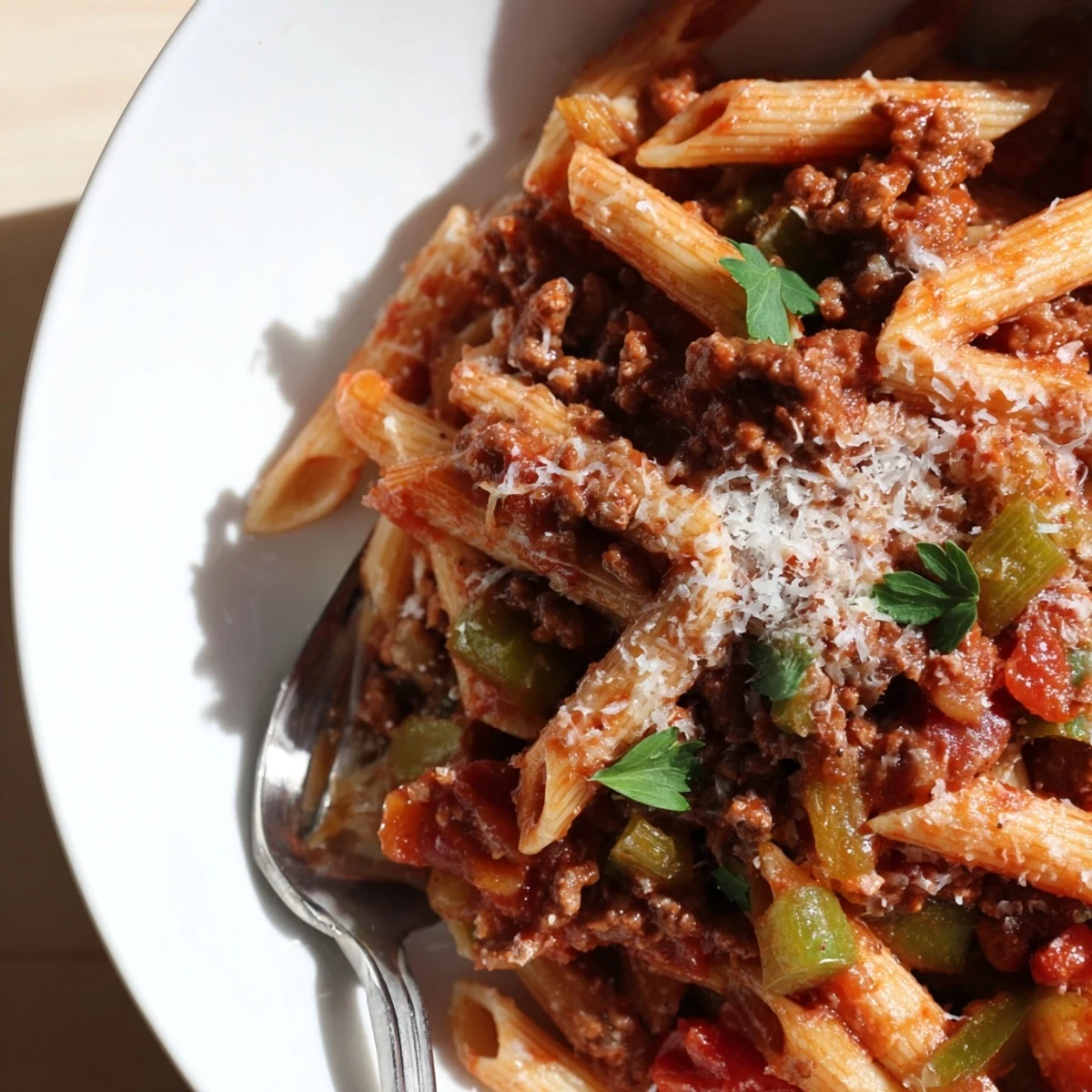 Savory Green Pepper Beef Pasta topped with Parmesan, perfect for a quick family dinner.  