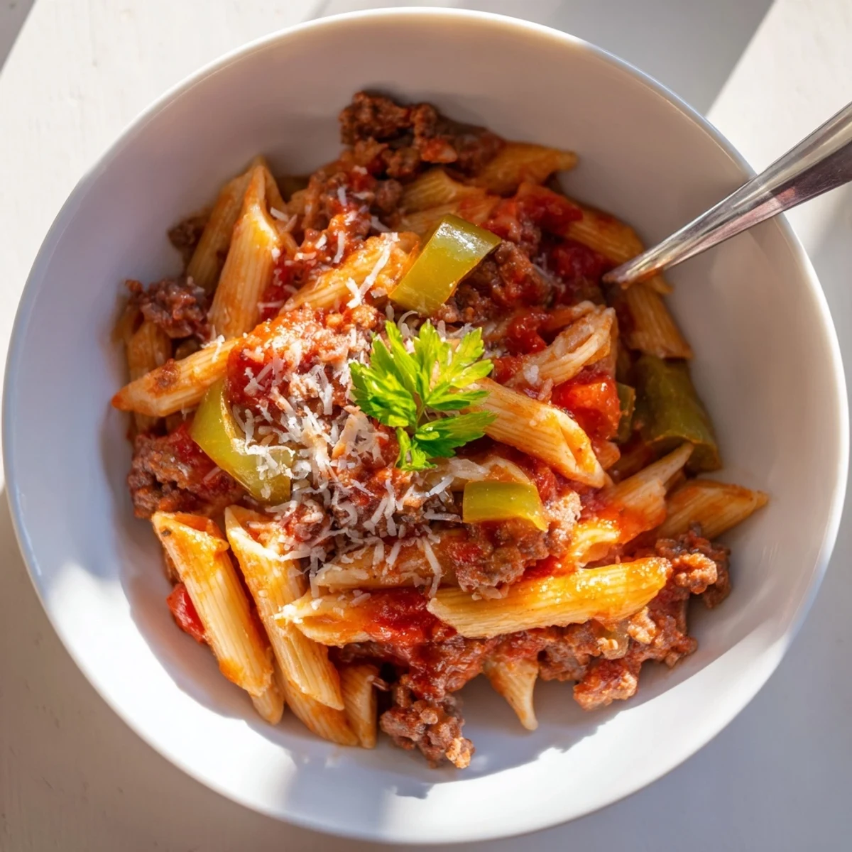 Deliciously comforting Green Pepper Beef Pasta, featuring tender penne and sautéed vegetables.  