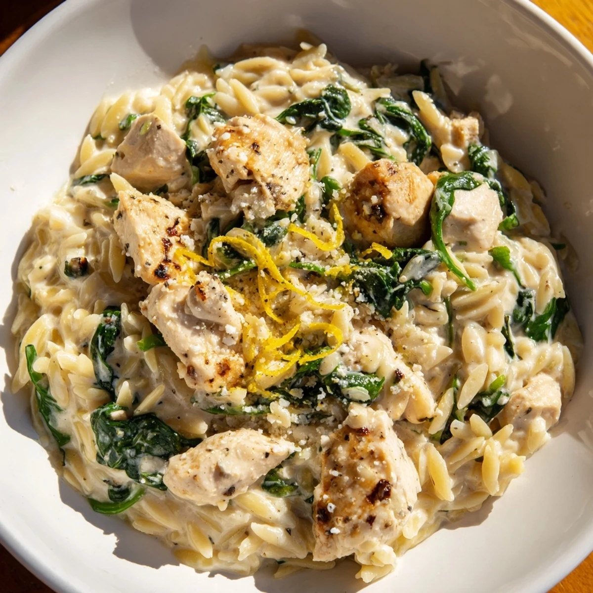 Delicious Feta & Spinach Chicken Orzo, a comforting Mediterranean dish in creamy sauce.