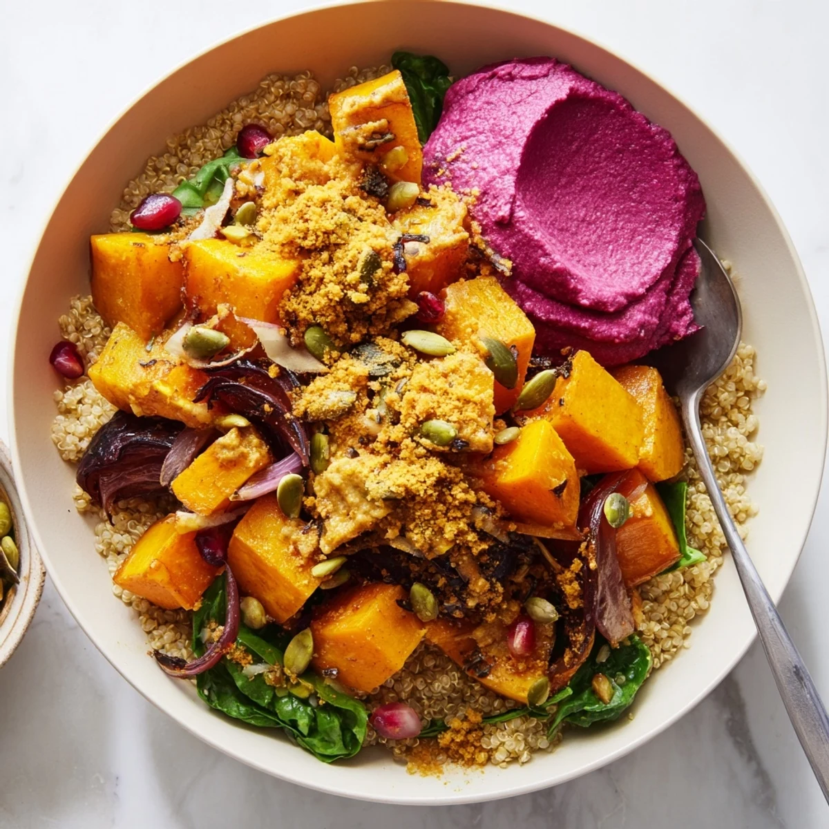 Cozy spiced winter bowls showcasing roasted vegetables, vibrant ube-coconut purée, and toppings.
