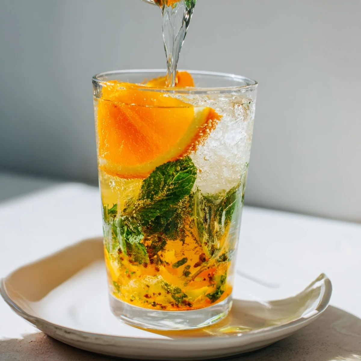 A vibrant probiotic soda mocktail with fresh citrus and mint garnish.  
