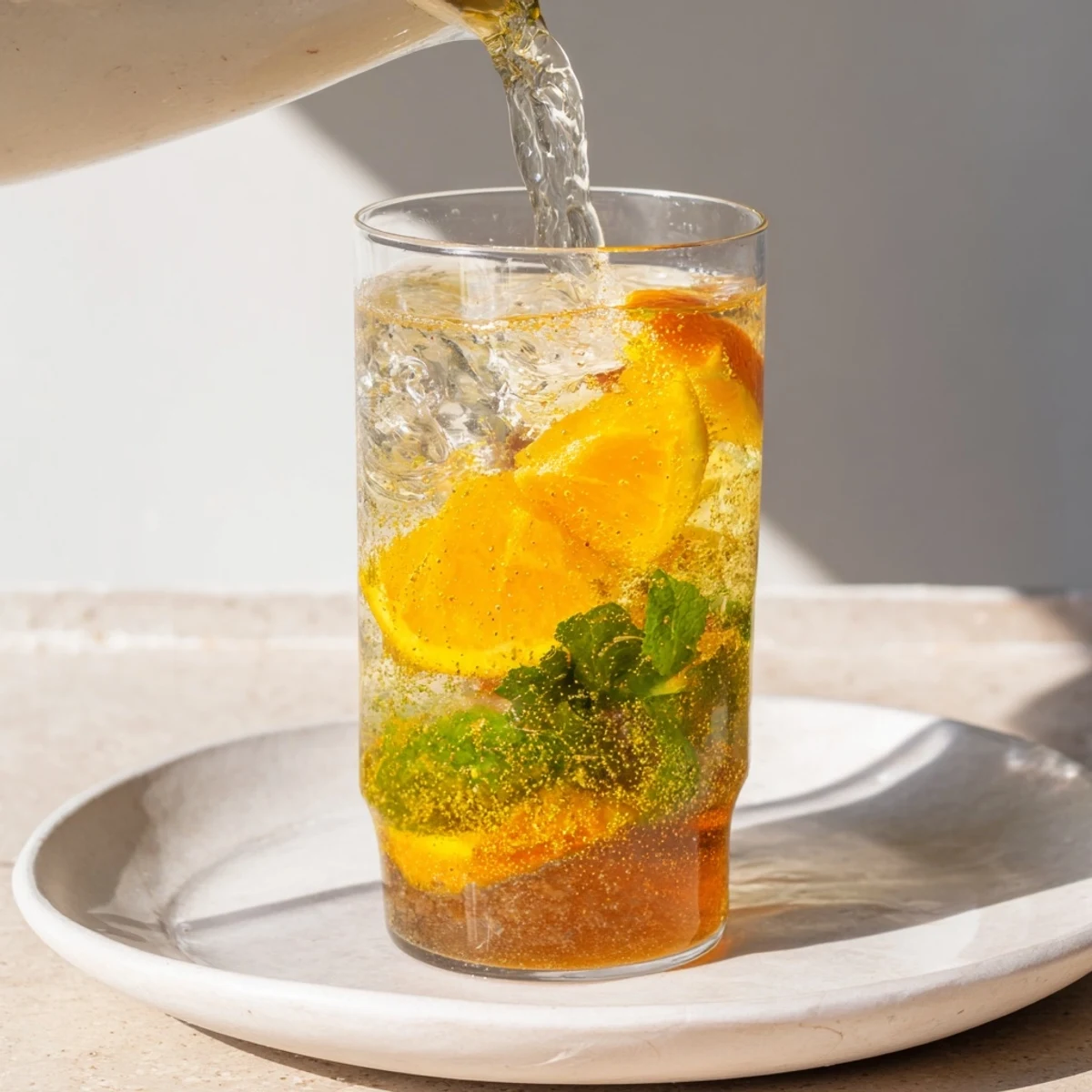 Zesty homemade probiotic soda mocktail served over ice with orange slices.
