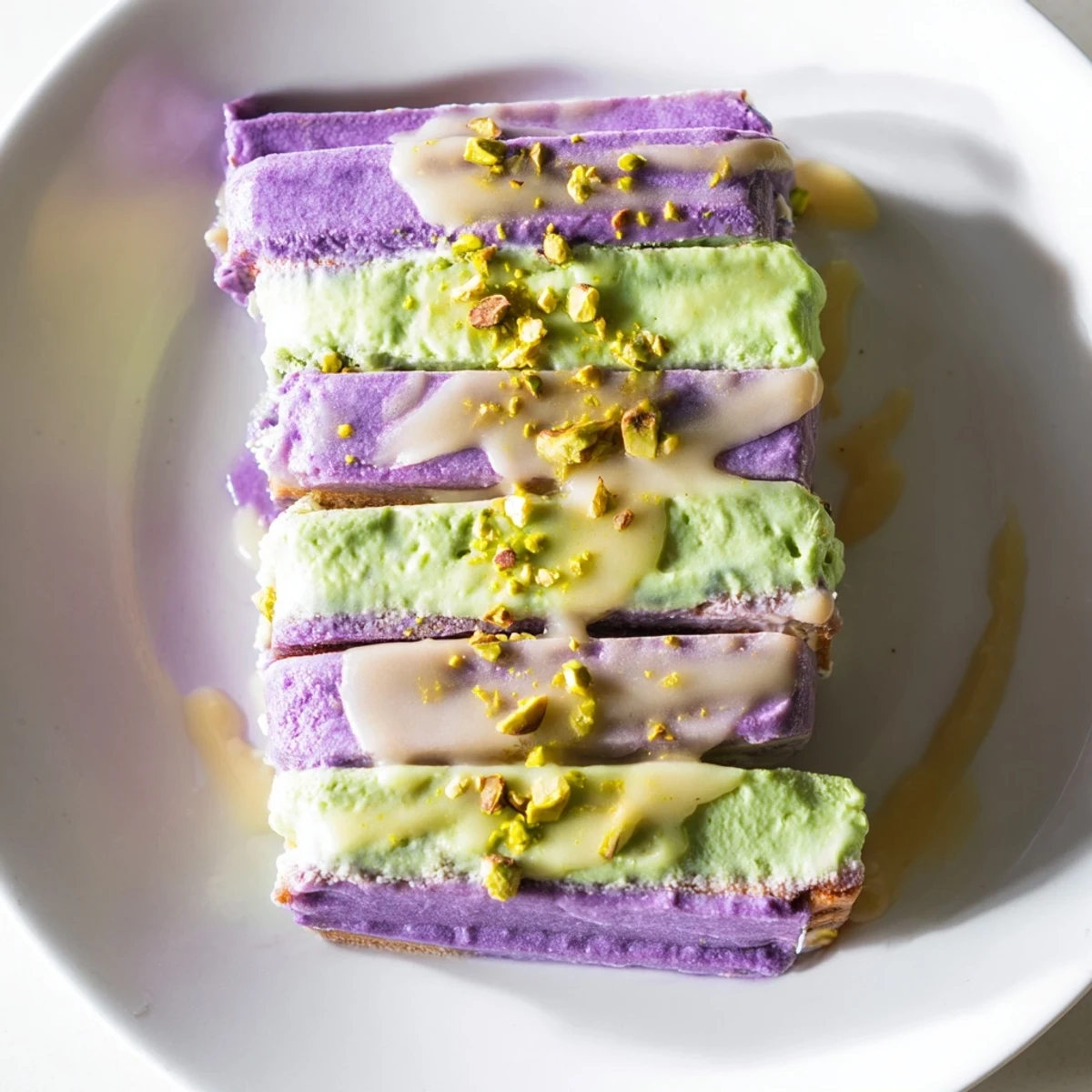 Creamy ube and pistachio ice cream bars garnished with nuts for a summer treat.  