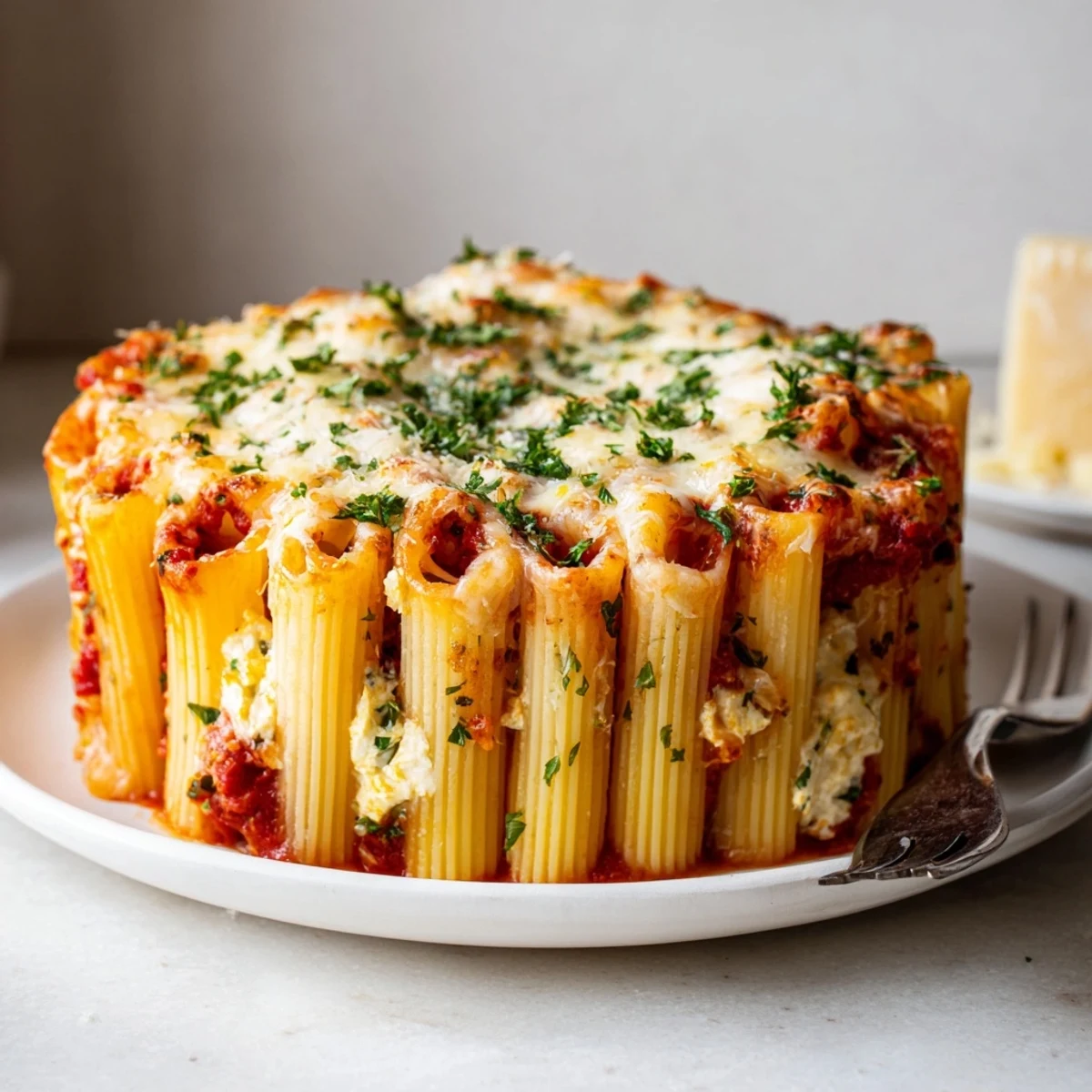 A vibrant Honeycomb Pasta Cake topped with gooey cheese and fresh parsley.  