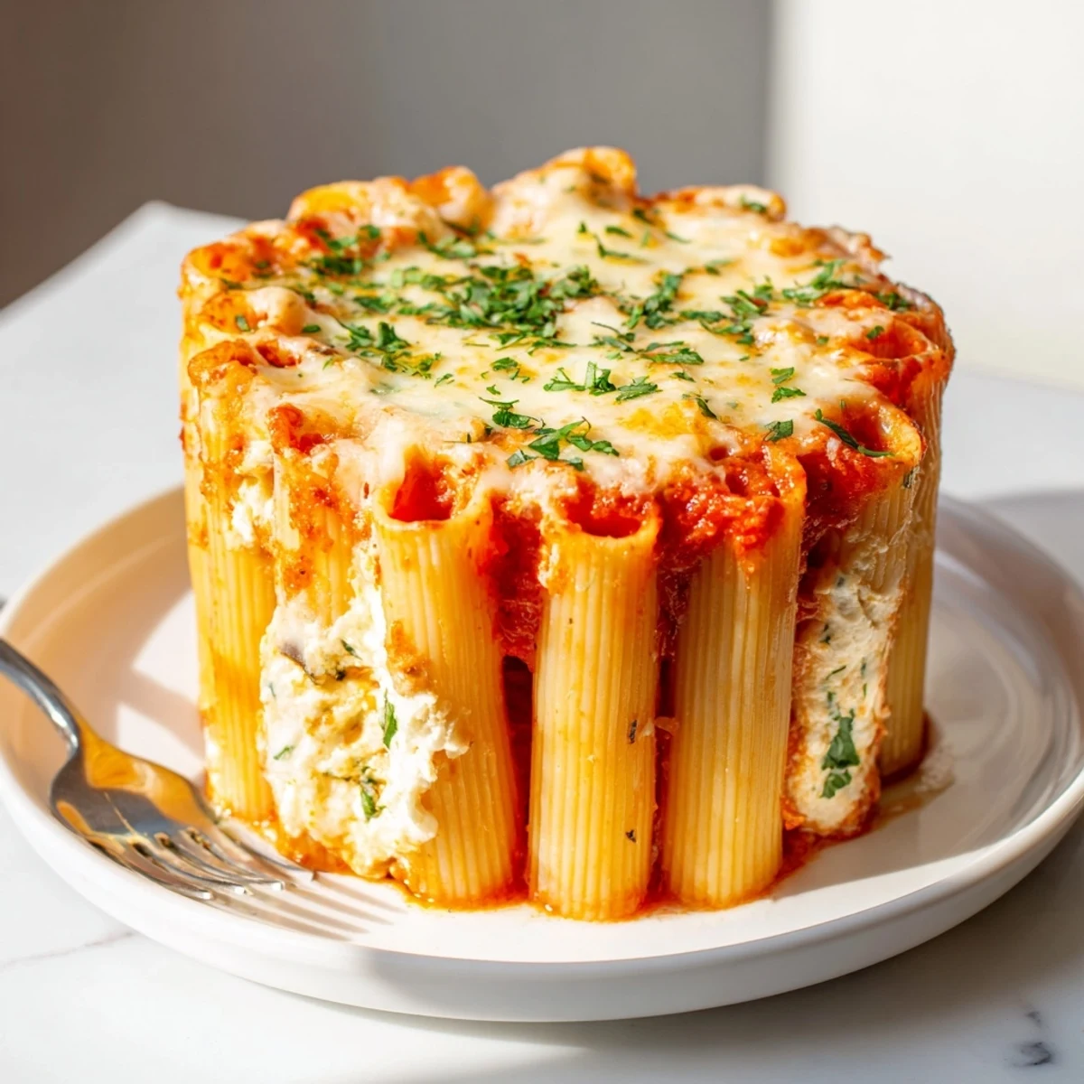 Enjoy this Honeycomb Pasta Cake, elegantly plated with golden, bubbling cheese on top.
