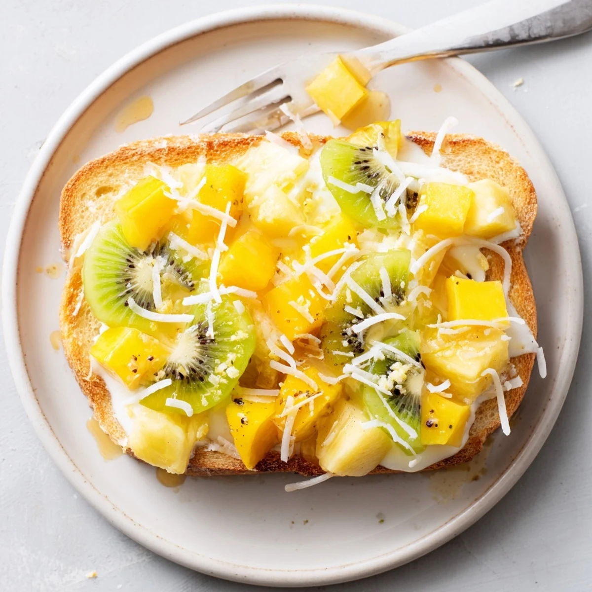Creamy yogurt-custard toast topped with vibrant tropical fruits and coconut shavings.  