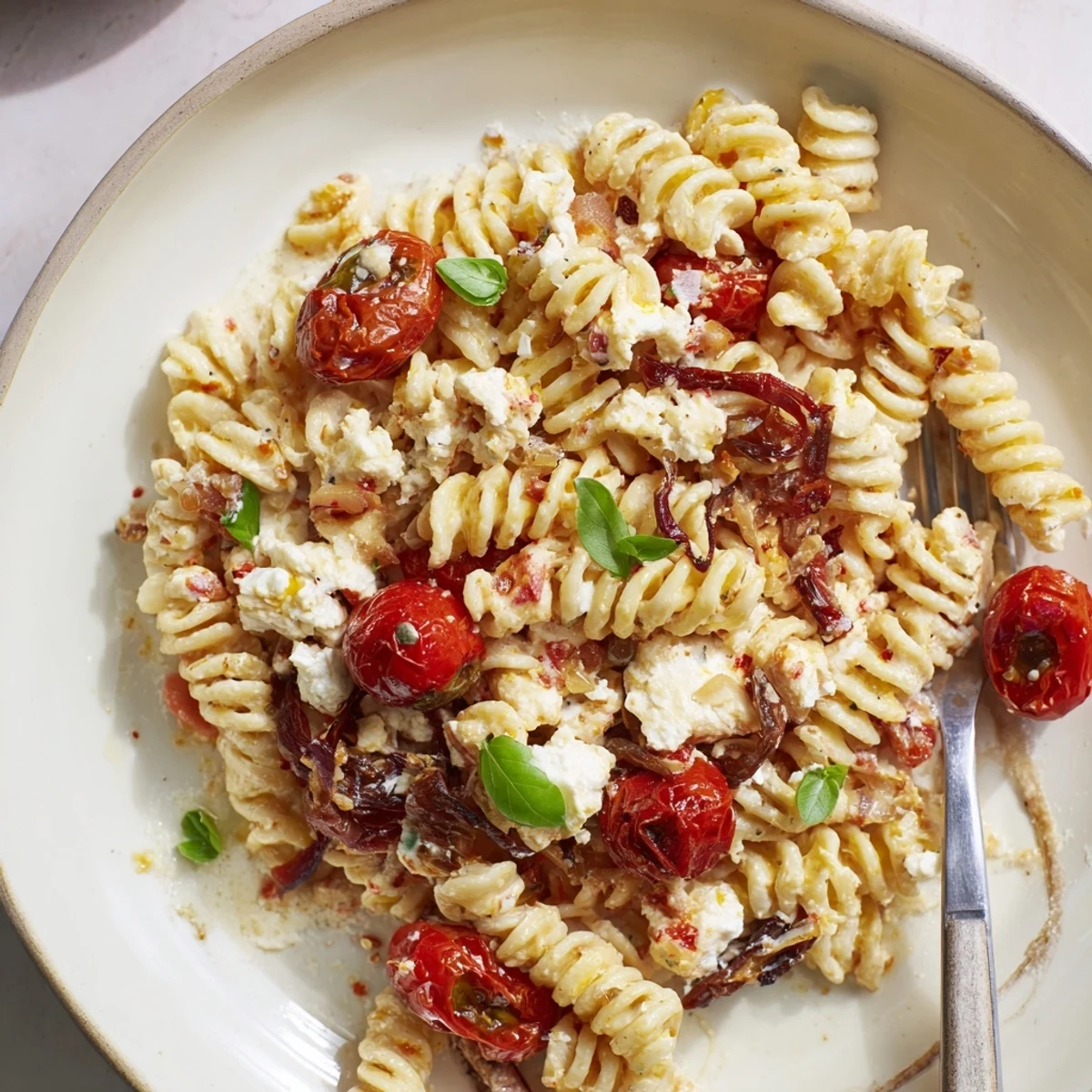 Creamy baked feta pasta topped with caramelized onions and vibrant cherry tomatoes.  
